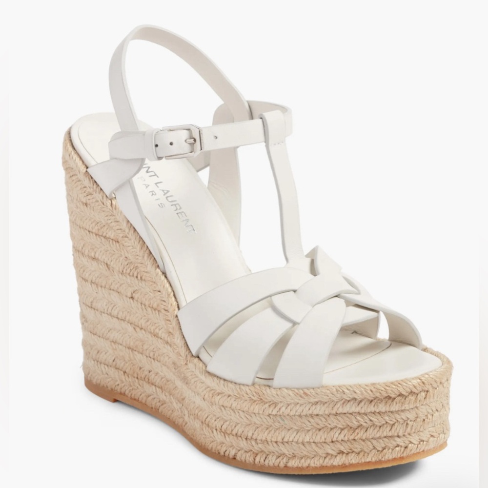 NIB! SAINT LAURENT YSL White TRIBUTE Leather Platform Wedge Espadrille Shoes 35